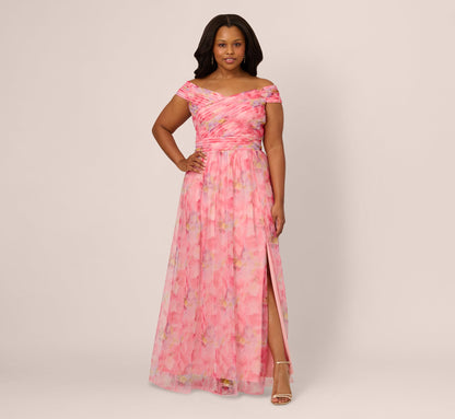 Plus Size Off Shoulder Watercolor Print Tulle Gown In Pink Multi