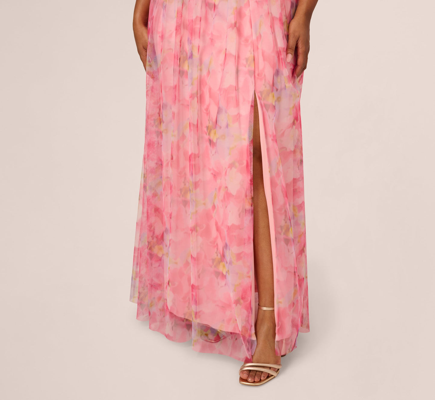 Plus Size Off Shoulder Watercolor Print Tulle Gown In Pink Multi