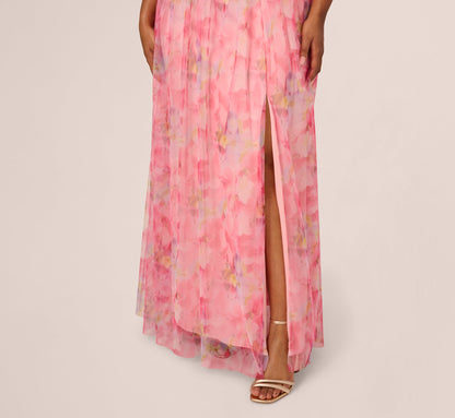 Plus Size Off Shoulder Watercolor Print Tulle Gown In Pink Multi