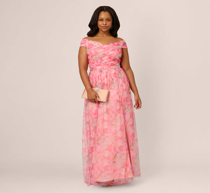 Plus Size Off Shoulder Watercolor Print Tulle Gown In Pink Multi