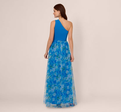 One Shoulder Watercolor Combo Gown In Blue Multi