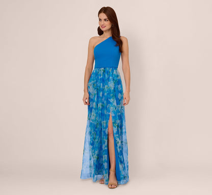 One Shoulder Watercolor Combo Gown In Blue Multi