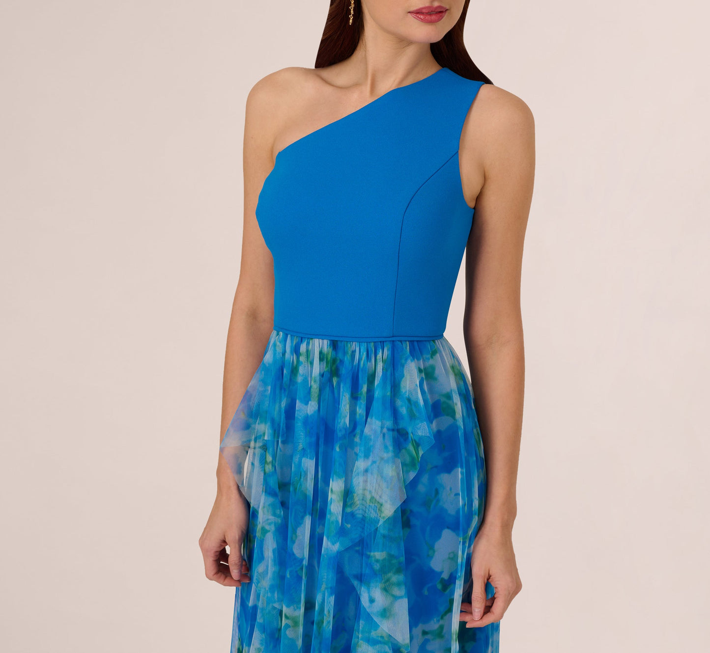 One Shoulder Watercolor Combo Gown In Blue Multi