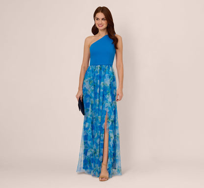 One Shoulder Watercolor Combo Gown In Blue Multi