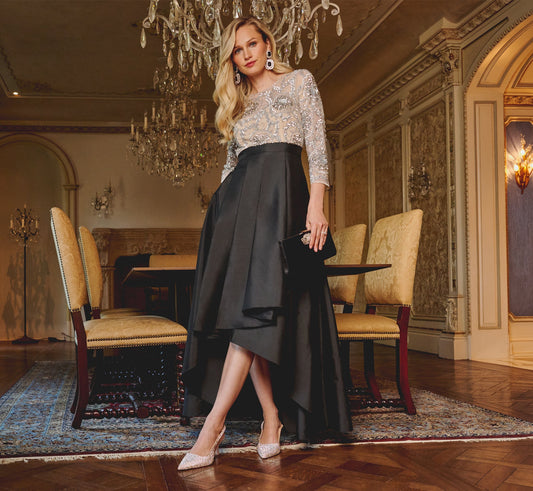 Three Quarter Sleeve Beaded Taffeta Combo Gown In Black Silver