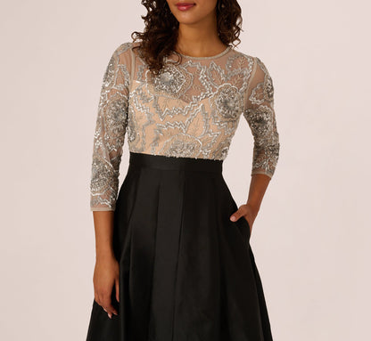 Three Quarter Sleeve Beaded Taffeta Combo Gown In Black Silver