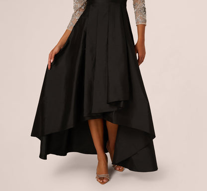 Three Quarter Sleeve Beaded Taffeta Combo Gown In Black Silver