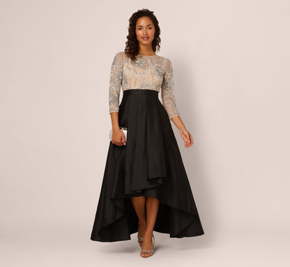 Three Quarter Sleeve Beaded Taffeta Combo Gown In Black Silver
