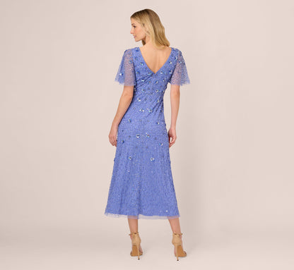 Beaded Mesh Flutter Sleeve Midi Dress In Peri Blue
