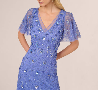 Beaded Mesh Flutter Sleeve Midi Dress In Peri Blue