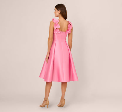 Sleeveless Mikado 3D Floral Fit And Flare Midi Dress In Cherry Blossom