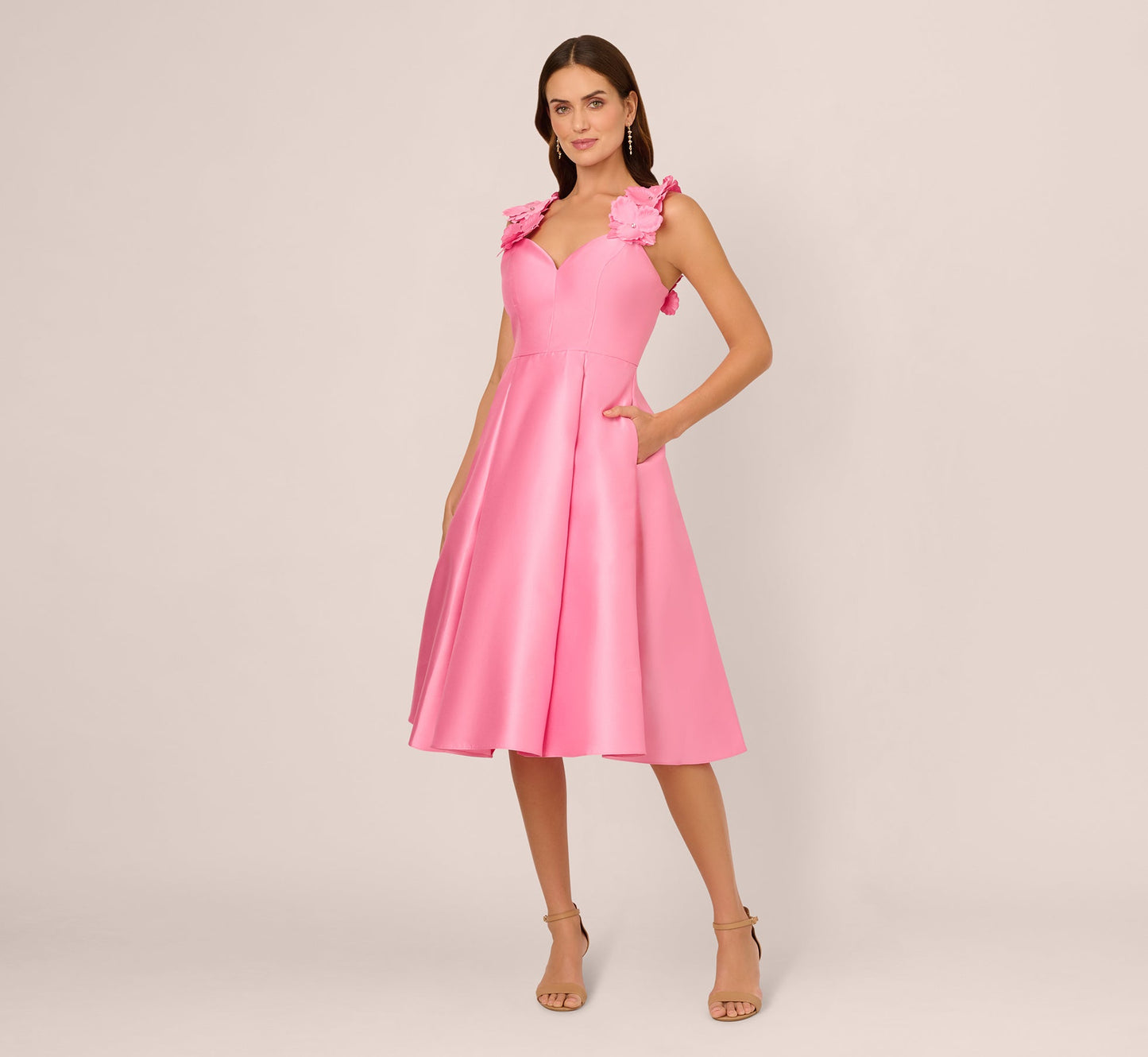 Sleeveless Mikado 3D Floral Fit And Flare Midi Dress In Cherry Blossom