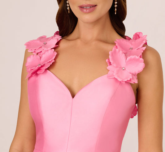 Sleeveless Mikado 3D Floral Fit And Flare Midi Dress In Cherry Blossom