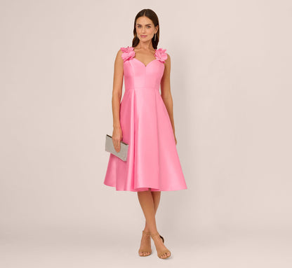 Sleeveless Mikado 3D Floral Fit And Flare Midi Dress In Cherry Blossom