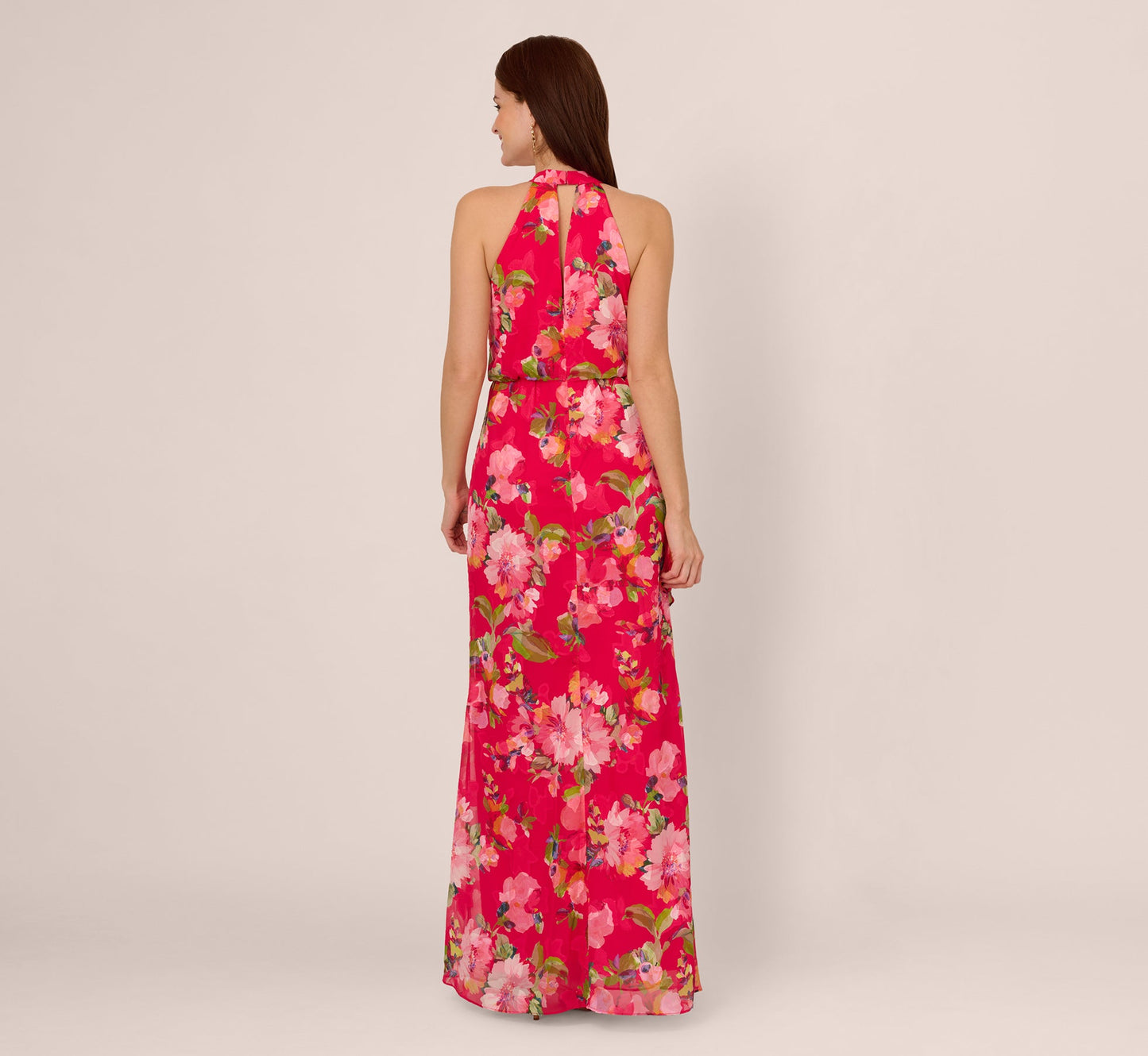 Floral Chiffon Keyhole Halter Maxi Dress In Pink Multi