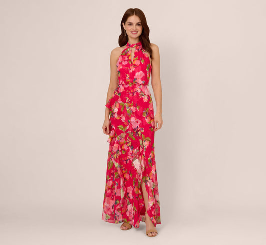 Floral Chiffon Keyhole Halter Maxi Dress In Pink Multi