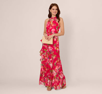 Floral Chiffon Keyhole Halter Maxi Dress In Pink Multi