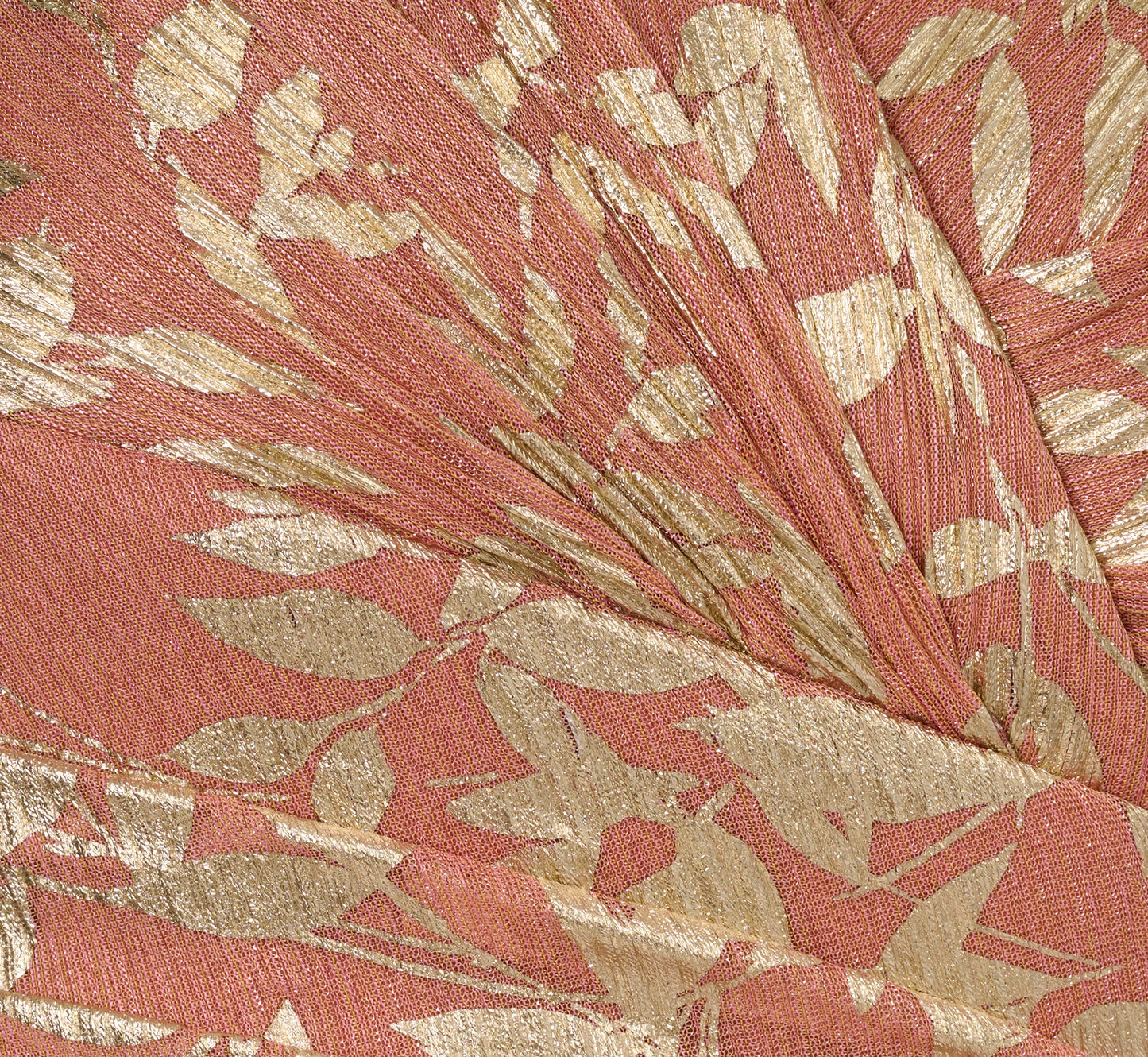 Flutter Sleeve Draped Foil Leaf Midi Dress In Coral Gold