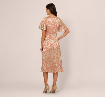 Flutter Sleeve Draped Foil Leaf Midi Dress In Coral Gold