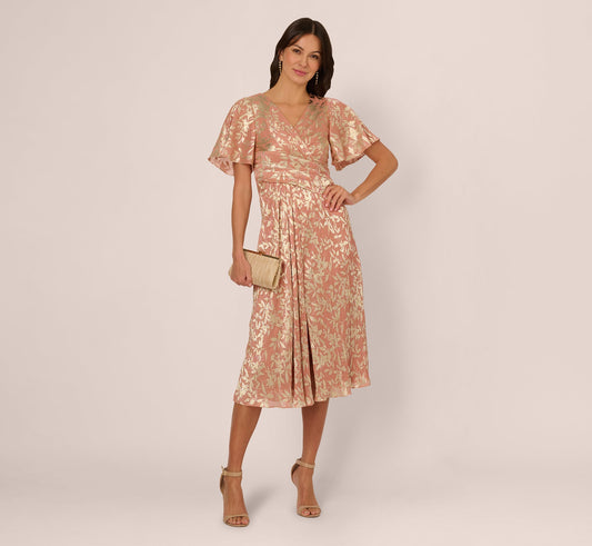 Flutter Sleeve Draped Foil Leaf Midi Dress In Coral Gold