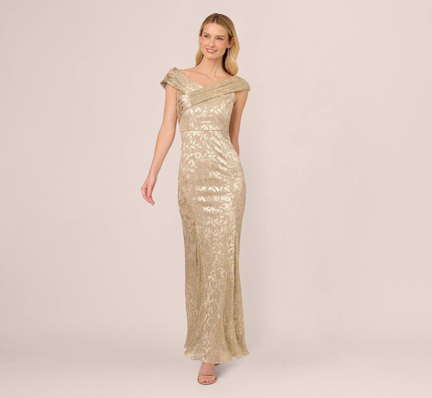 Off Shoulder Foil Leaf Mermaid Gown In Champagne Gold