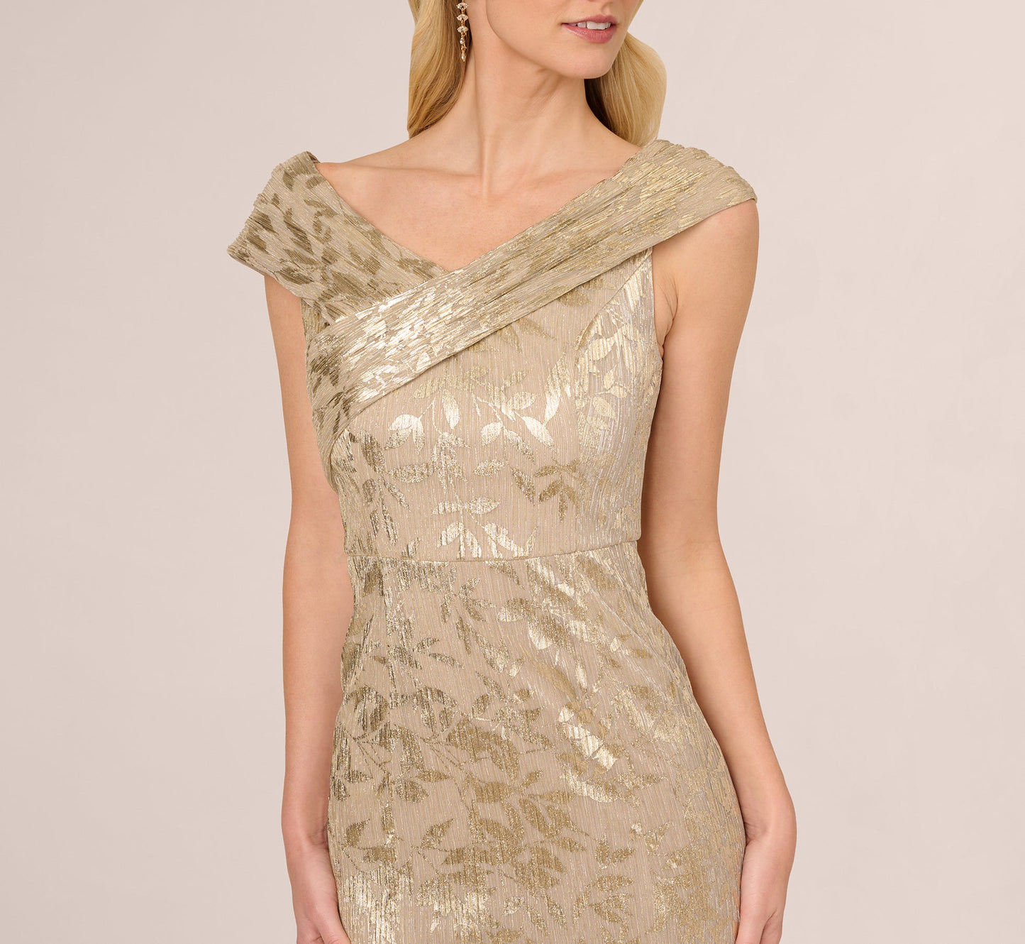 Off Shoulder Foil Leaf Mermaid Gown In Champagne Gold