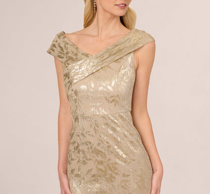 Off Shoulder Foil Leaf Mermaid Gown In Champagne Gold