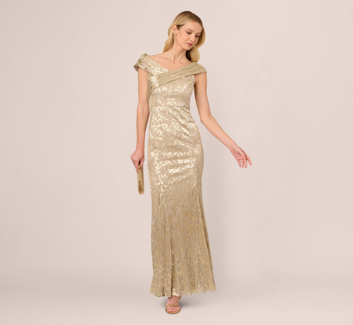 Off Shoulder Foil Leaf Mermaid Gown In Champagne Gold
