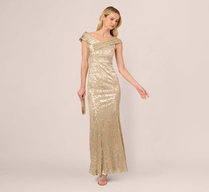 Off Shoulder Foil Leaf Mermaid Gown In Champagne Gold
