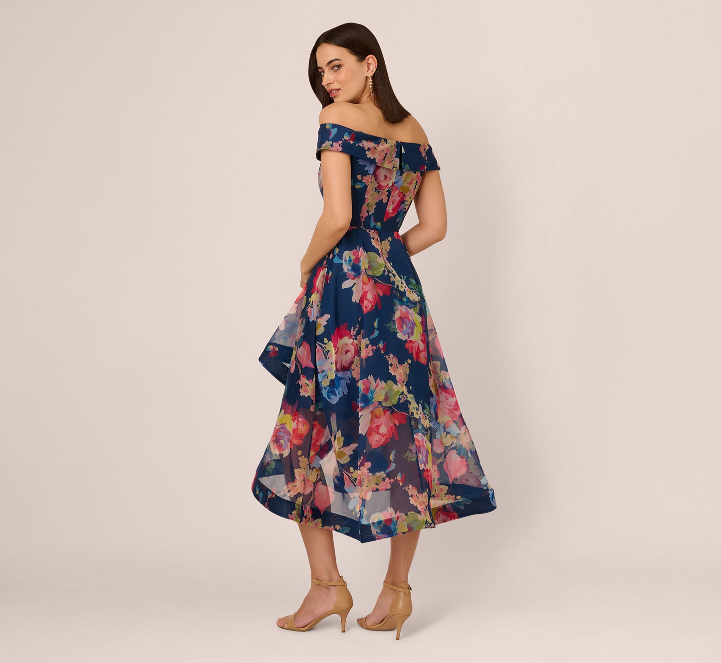 Off Shoulder Floral Organza High Low Dress In Navy Multi