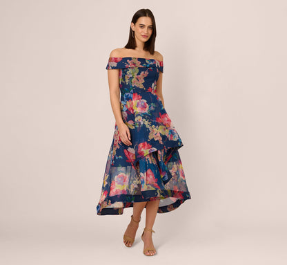 Off Shoulder Floral Organza High Low Dress In Navy Multi
