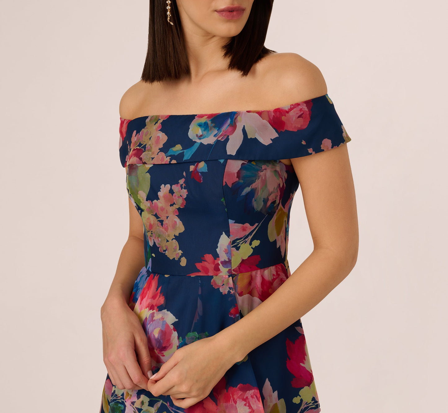 Off Shoulder Floral Organza High Low Dress In Navy Multi