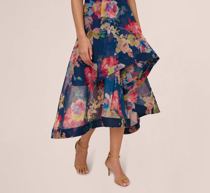 Off Shoulder Floral Organza High Low Dress In Navy Multi