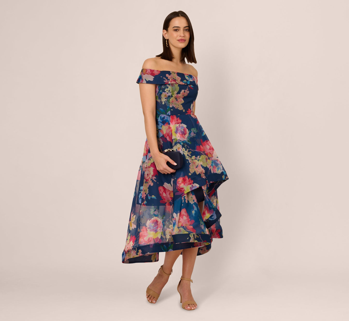 Off Shoulder Floral Organza High Low Dress In Navy Multi