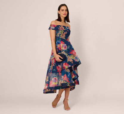 Off Shoulder Floral Organza High Low Dress In Navy Multi
