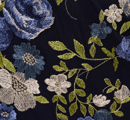 Embroidered Floral Cap Sleeve Column Gown In Navy Multi