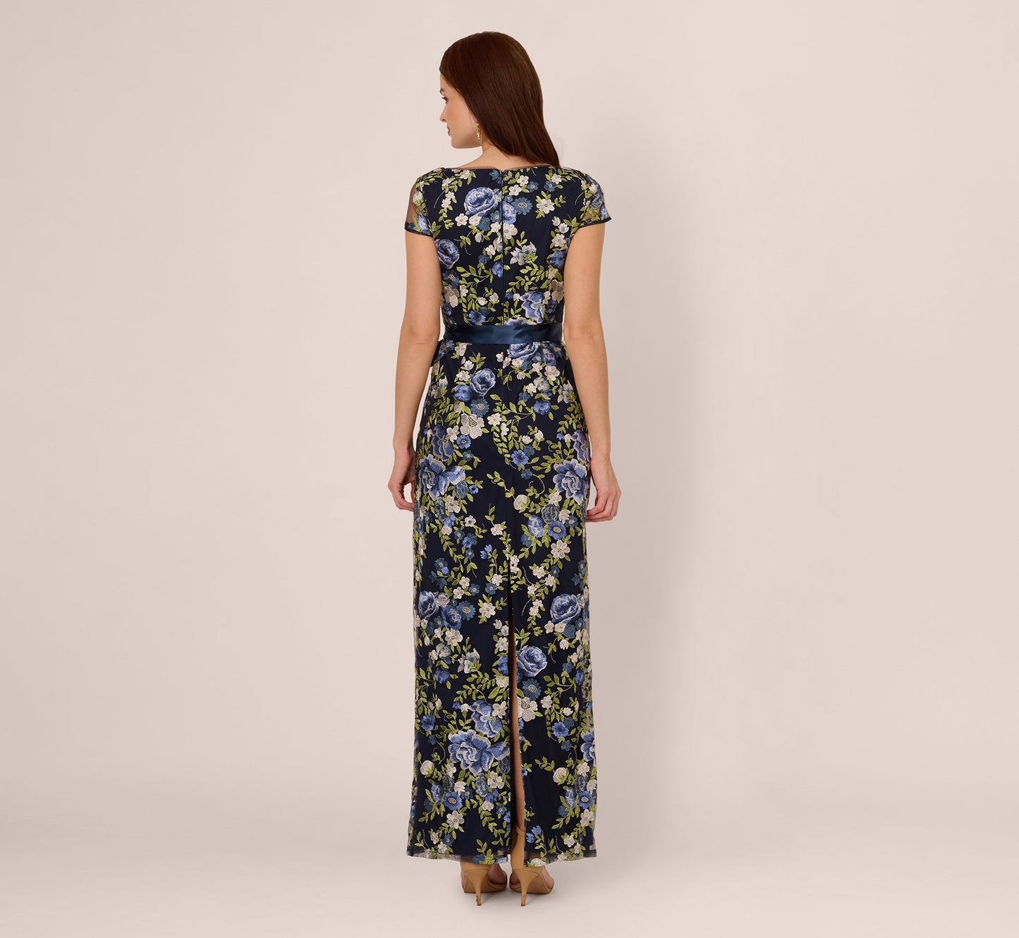 Embroidered Floral Cap Sleeve Column Gown In Navy Multi