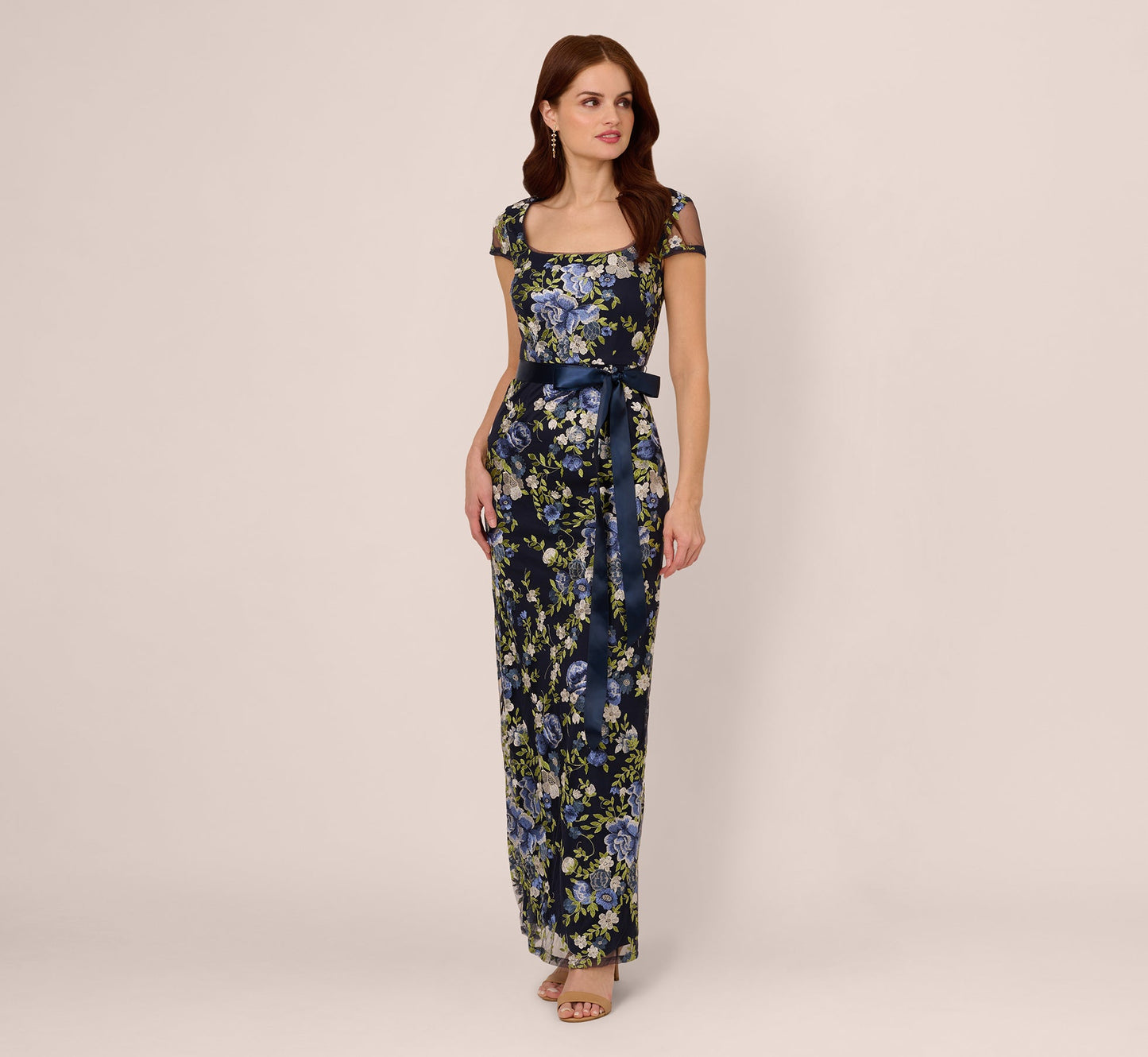 Embroidered Floral Cap Sleeve Column Gown In Navy Multi