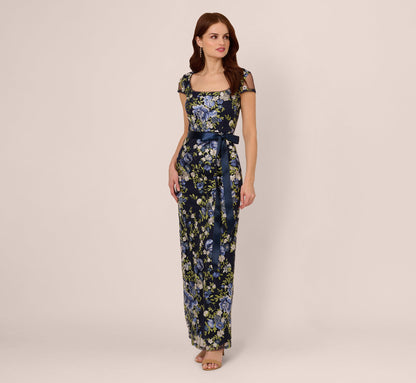 Embroidered Floral Cap Sleeve Column Gown In Navy Multi