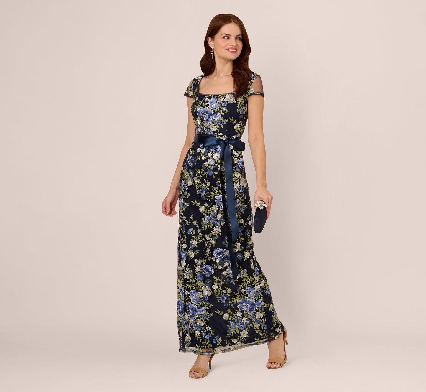 Embroidered Floral Cap Sleeve Column Gown In Navy Multi