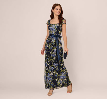 Embroidered Floral Cap Sleeve Column Gown In Navy Multi