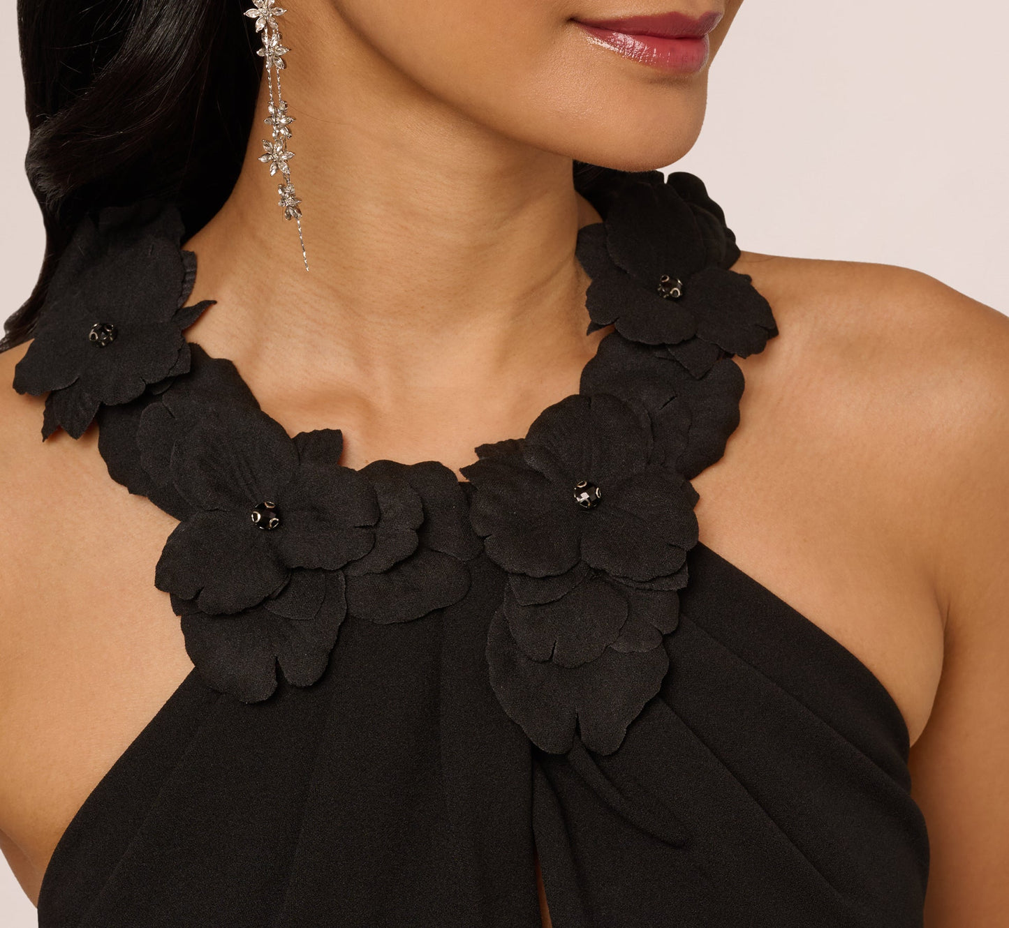 Floral Embellished Crossover Halter Gown In Black