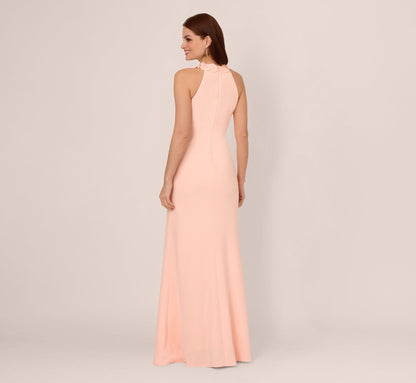 Floral Embellished Crossover Halter Gown In Peach Kiss