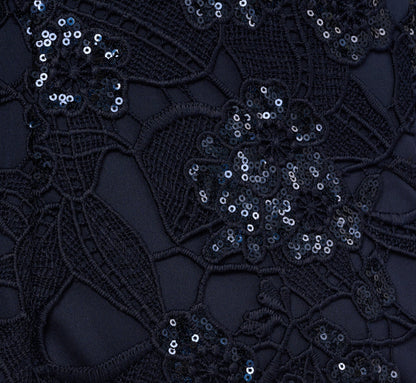 Off Shoulder Bell Sleeve Sequin Lace Gown In Midnight