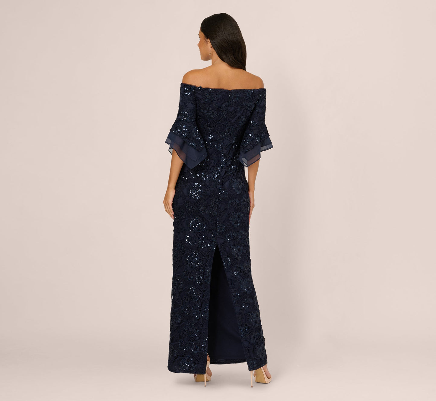 Off Shoulder Bell Sleeve Sequin Lace Gown In Midnight