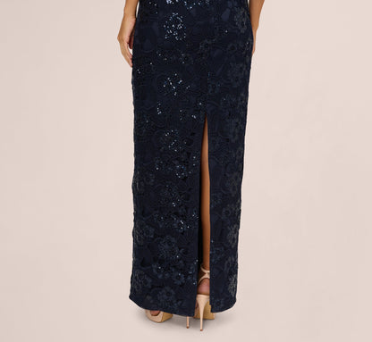 Off Shoulder Bell Sleeve Sequin Lace Gown In Midnight
