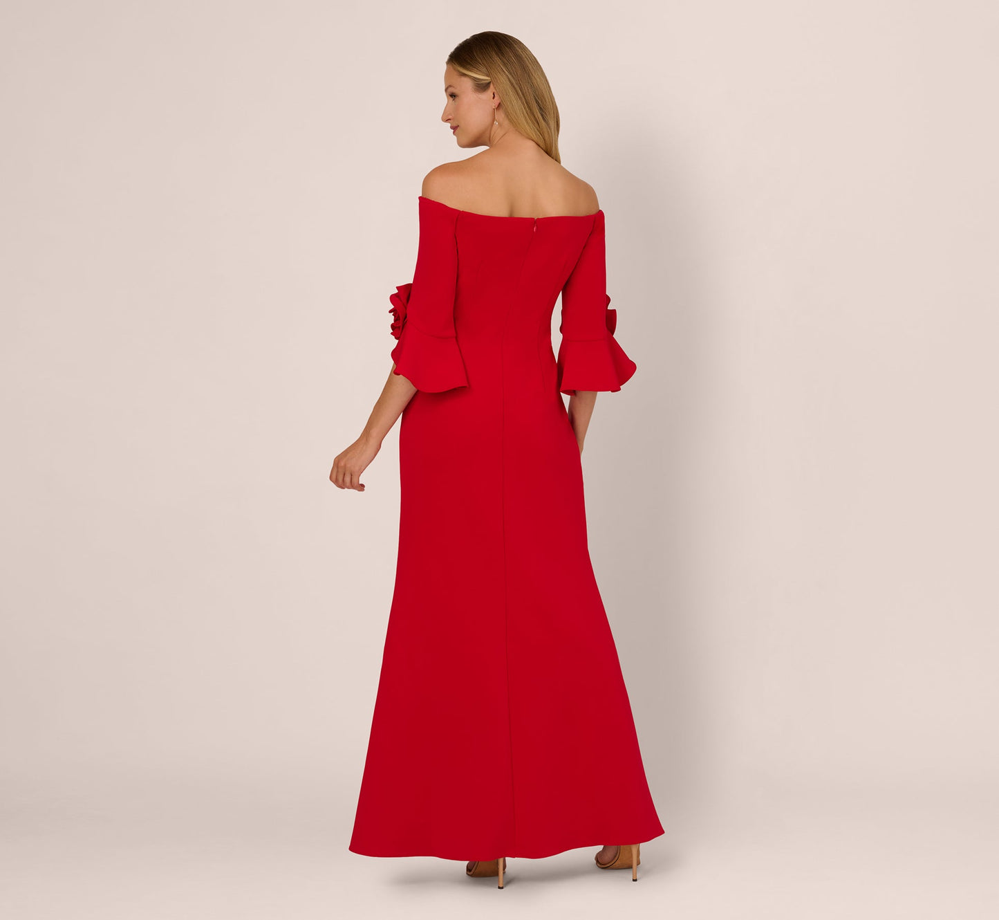 Off Shoulder Bell Sleeve Rosette Gown In Super Red
