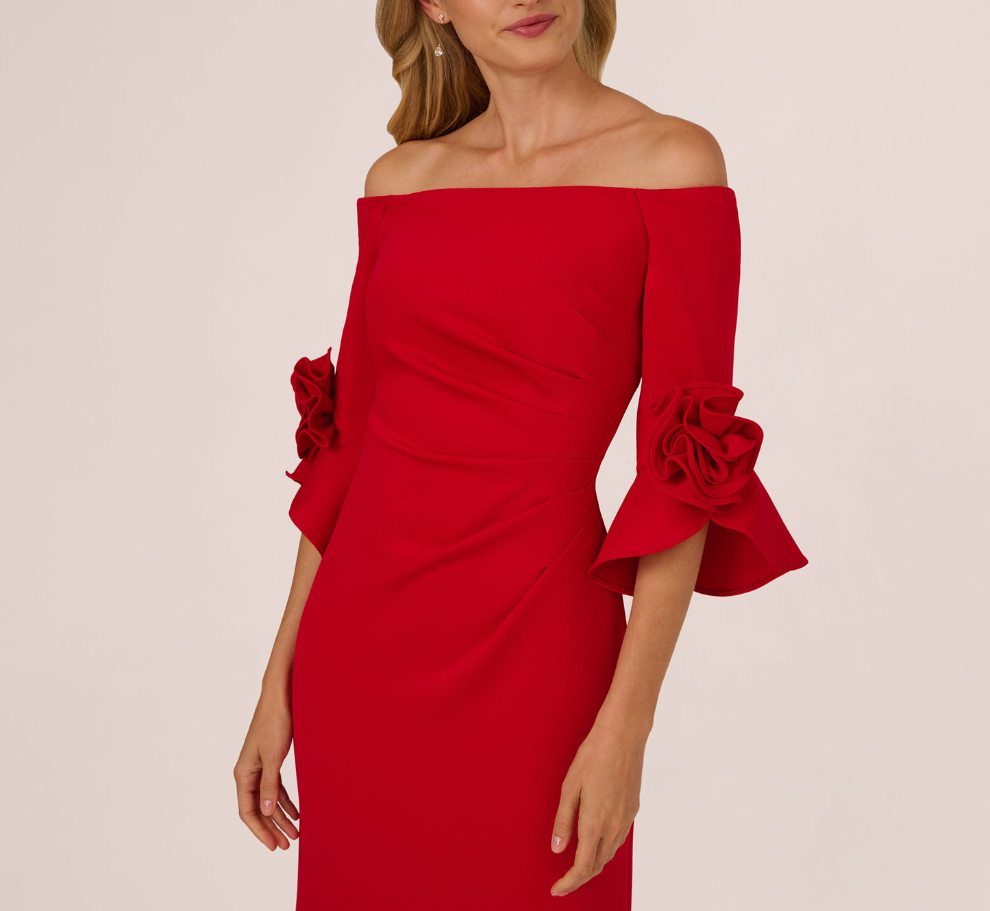 Off Shoulder Bell Sleeve Rosette Gown In Super Red