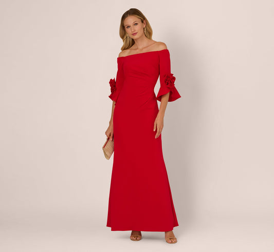 Off Shoulder Bell Sleeve Rosette Gown In Super Red