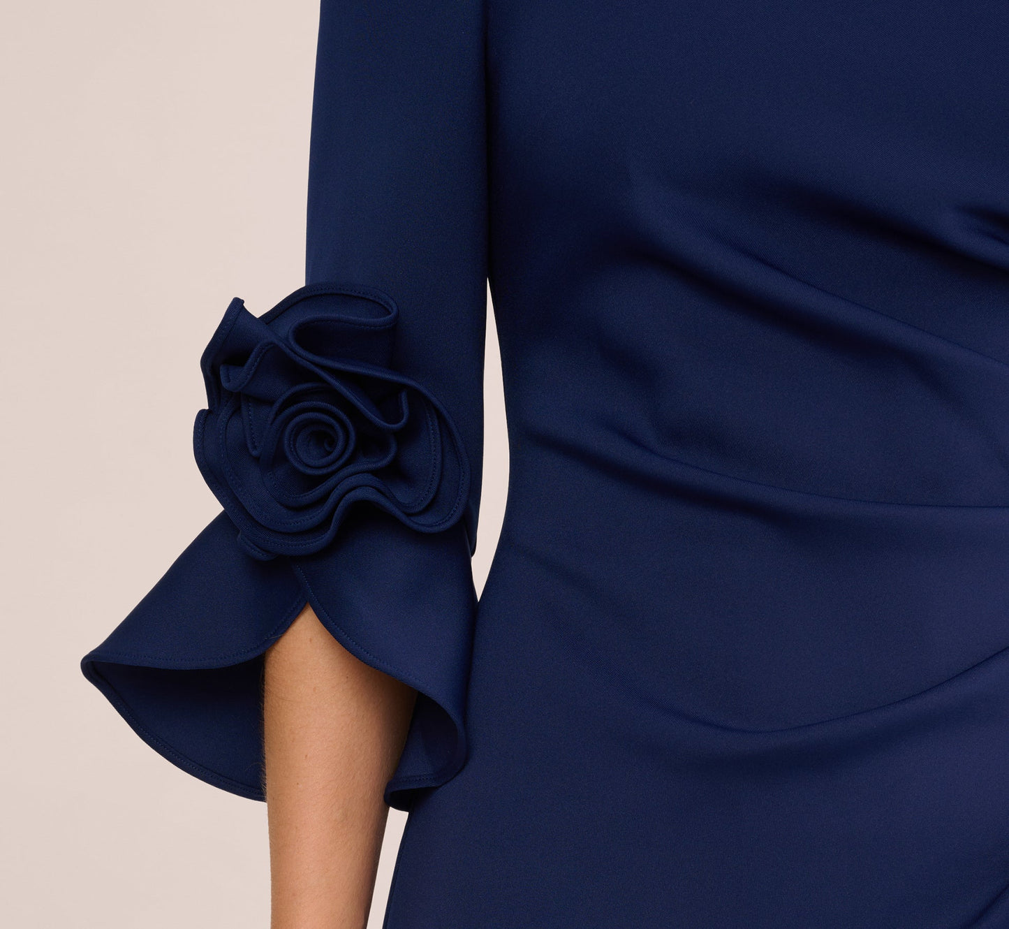 Off Shoulder Bell Sleeve Rosette Gown In Navy Sateen